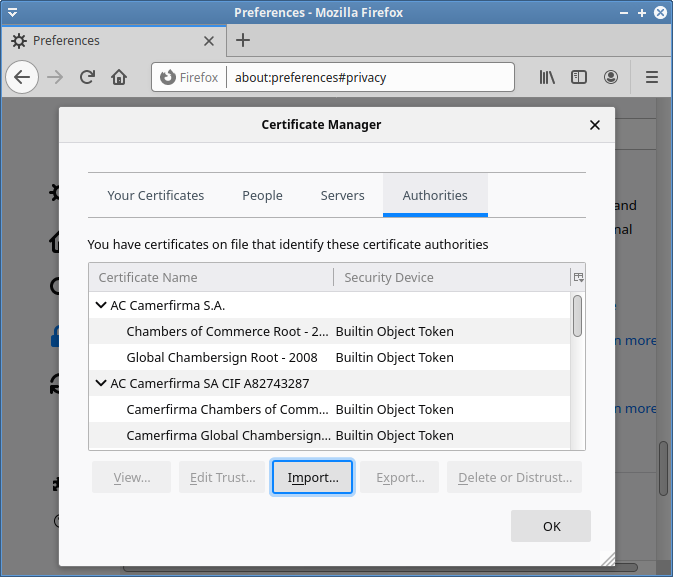 FirefoxにルートCA証明書をインポートする