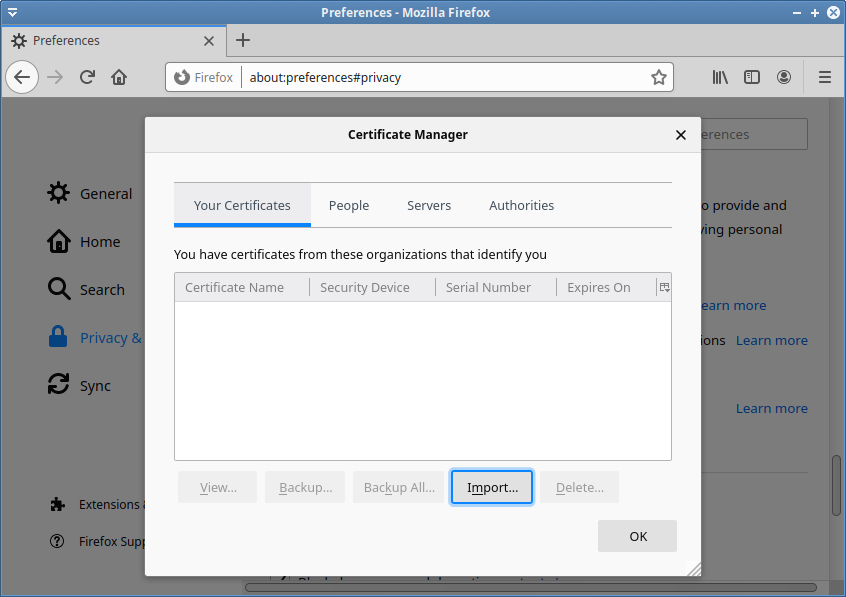 Firefoxにクライアント証明書をインポートする
