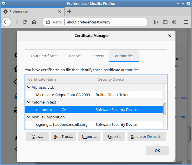FirefoxにインポートされたルートCA証明書