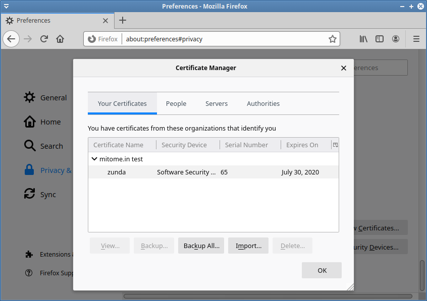 Firefoxにインポートされたクライアント証明書